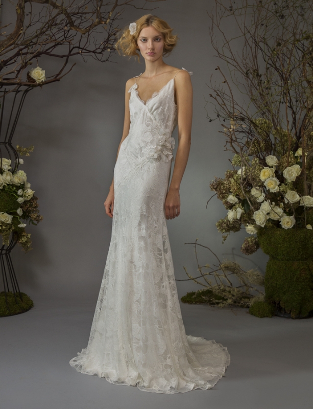 Elizabeth Fillmore - Fall Bridal 2014 Collection - Willa Wedding Dress: french lace v-neck slip dress with jasmine flower motif over satin chiffon</p>

<p